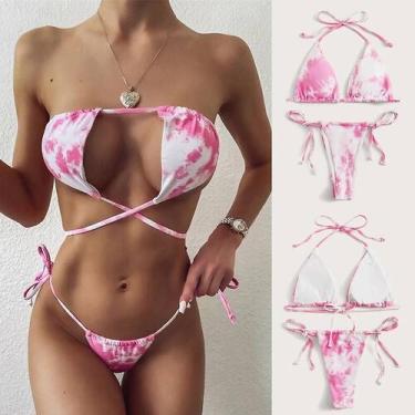 Imagem de Conjunto de biquíni feminino sexy tie-dye com cadarço com corte alto e