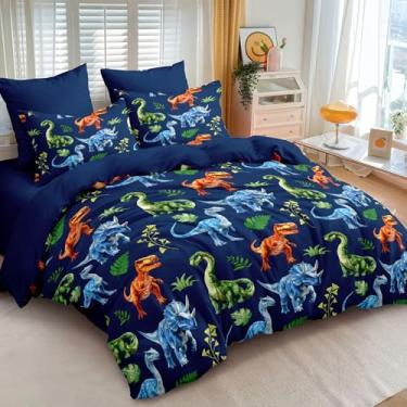 Imagem de CCoutueChen Jogo de cama solteiro de dinossauro, azul marinho, desenho animado azul escuro, com 1 fronha, 2 peças, microfibra macia, conjunto de cama acolchoada para todas as estações/68 x 86