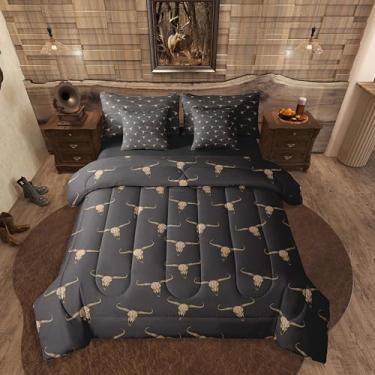 Imagem de Erosebridal Jogo de cama Queen étnico boêmio com caveira de touro, 7 peças, para homens e meninos, boi tribal, vida selvagem, asteca, decoração de quarto, cabana de fazenda, conjunto de lençol com