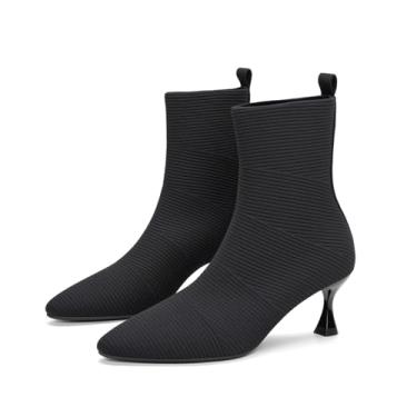 Imagem de HONHOLD Botas femininas com salto gatinho bico fino de malha stiletto salto baixo meia bota de outono, Gatinho preto, 38