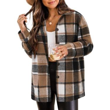 Imagem de Jaqueta Shacket ZOLUCKY feminina de flanela xadrez cáqui pequena