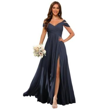 Imagem de Vestido de dama de honra Dessiny azul marinho em chiffon de ombro frio