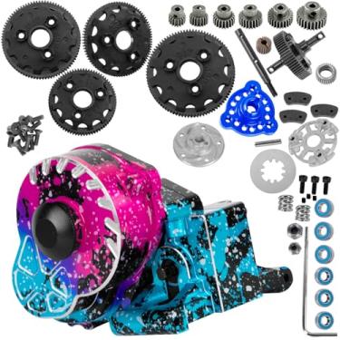 Imagem de BRCatWPark Aluminum Gearbox Transmission Case w/Spur Gear Upgrades Part for 1/10 Slash/Rustler/Stampede/Bandit 2WD (VXL) Drag Slash/Bigfoot,RC Gearbox Hops Up,Replace #9495,Colorful(Pink Blue Tone)