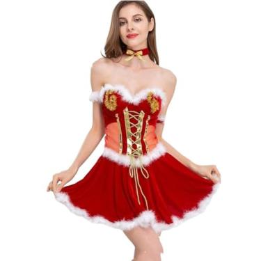 Imagem de WYUYIWH Conjunto de lingerie feminina de Natal – Bandeau vermelho frontal com cadarço e borda de pelúcia costura de uma peça, roupa íntima moderna com zíper nas costas, saia justa com bainha de