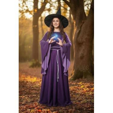 Imagem de Vestido Medieval Bruxa clássica na cor roxa halloween acompanha chapeu
