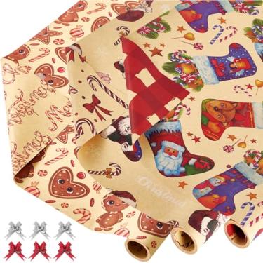 Imagem de EWES Conjunto de papel de embrulho vintage de Natal engraçado 3 rolos Papai Noel para crianças, lindos desenhos animados, gnomo grosso, folhas de embrulho para presente, exclusivo, reversível