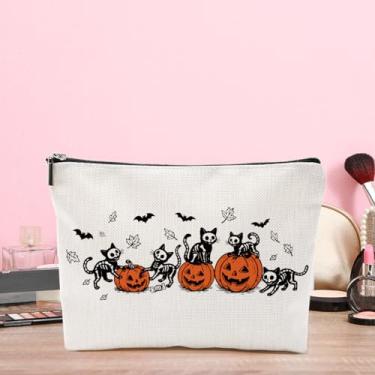 Imagem de Bolsa divertida de maquiagem esqueleto gato abóbora presentes de Halloween para amigas, mulheres, meninas, bolsas de cosméticos
