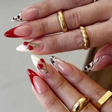 Imagem de Kit de unhas de pressão de amêndoa média francesa cola falsa conjunto de unhas com design de cereja fofo cobertura completa bastão falso artificial em unha de acrílico para mulheres 24 peças