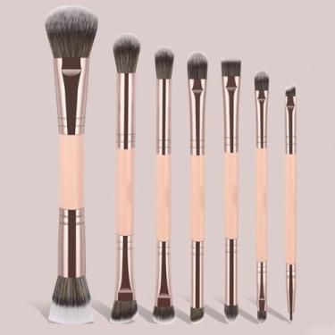 Imagem de Conjunto de pincéis de maquiagem 7 peças de pincéis de maquiagem dupla face para base, corretivo, sombra, contorno, bronzeador, pó, delineador de sobrancelha (laranja)