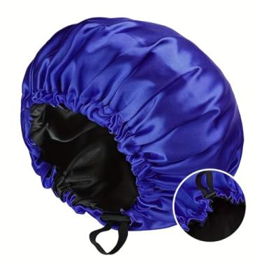 Imagem de 1 gorro ajustável de cetim dupla face, touca de cabelo clássica de poliéster | Chapéu de dormir e chuveiro sem óleo com elástico (azul real + preto)