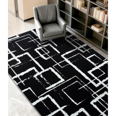 Imagem de YIHOUSE Tapete geométrico moderno preto 12 x 18 cm, preto e branco com padrões retangulares abstratos, tapetes laváveis que não caem para quarto, escritório em casa e pequena sala de estar