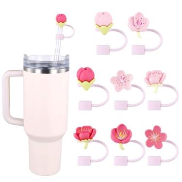 Imagem de 8 peças de capa de palha de flor para canudo Stanley, tampa de cobertura à prova de poeira e derramamento de 10 mm capa protetora rosa para copo acessório decorativo (8 estilos)