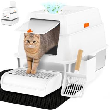 Imagem de Vivifying Caixa de areia de aço inoxidável com tampa, caixa de areia extragrande fechada com entrada frontal XL para gatos grandes e gatinhos, panela de metal para gatos de saída superior com colher