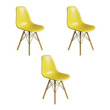 Imagem de Conjunto 3 Cadeiras Eames Estilo Moderno Em Ferro Dourado Com Assento Amarelo