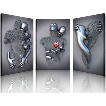 Imagem de Arte de parede emoldurada para quarto 3D efeito de metal amor coração casal decoração de parede para sala de estar 3 peças modernas abstratas cinza preto e branco impressões em tela pôster pinturas