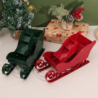 Imagem de Enfeite de decoração de carro de trenó de Natal vermelho/verde mini mesa de jantar de trenó decoração de festa de Natal artesanato (1 peça vermelho-grande)