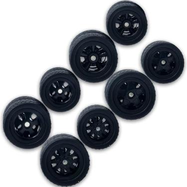 Imagem de Rodas dianteiras de 1/64 pequenas traseiras grandes com pneus de borracha para modelos de carros fundidos 1:64, esportivo, veículos musculosos, peças modificadas em miniatura 4 tipos em 1 caixa