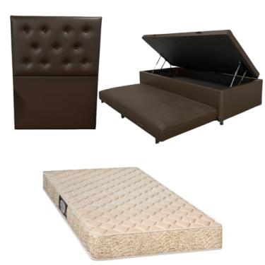 Imagem de Cama Box Baú Solteiro com Auxiliar (Bicama) + Colchão de Espuma Toulon D33 | Kit Completo com Cabeceira Botonê Opcional | Diversas Cores (3, CORINO MARROM, COM CABECEIRA)