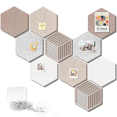 Imagem de Quadros de avisos hexagonais de cortiça para decoração de paredes, pacote com 10 placas de feltro com 40 pinos, quadro de exibição de fotos para decoração de escritório e sala de aula em casa