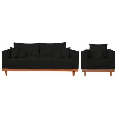 Imagem de Kit Poltrona Living + Sofá 2 Lugares Com Base Madeira Suede Preto
