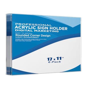 Imagem de Suporte de parede de acrílico 43 x 28 cm (pacote com 6) – Moldura transparente horizontal com fita adesiva, tela de parede de plástico para papel, cardápio, documento, loja, negócios