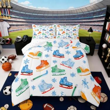 Imagem de Erosebridal Conjunto de edredom esportivo de hóquei no gelo, solteiro, para meninos, crianças, adolescentes, adultos, eventos de inverno, jogos de bola, patins no gelo, bastões de hóquei, flocos de