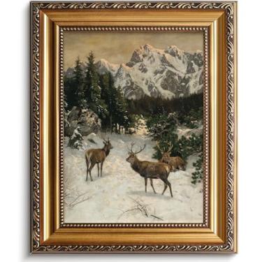 Imagem de Vodefoad Renas de Natal vintage emolduradas a ouro arte de parede retrô paisagem de inverno pinturas a óleo pintura rústica veado montanha imagem de Natal decoração de parede para quarto sala de estar