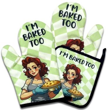 Imagem de NAHMAKNE Conjunto de 3 luvas de forno e suportes de panela engraçados, I'm Baked Too, luvas de cozinha antiderrapantes resistentes ao calor, presentes de panificação para anfitriã, presentes de