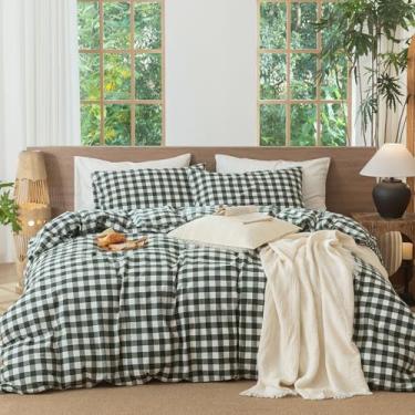 Imagem de MooMee Conjunto de capa de edredom Gingham 100% algodão lavado, linho, texturizado, respirável, durável, macio, confortável, moderno design xadrez (verde floresta xadrez buffalo, cal-king, 264 x 248