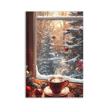 Imagem de FOTRIC Arte de parede em tela de Natal, impressão em tela de café de Natal, inverno, chocolate quente, imagens de árvore de Natal, decoração de parede para café, bar, cozinha, sala de jantar, rolo de