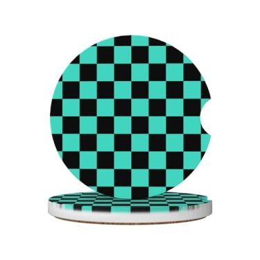 Imagem de Porta-copos de carro xadrez verde e preto para porta-copos, 2 porta-copos de carro para carro, porta-copos de carro absorvente de cerâmica com entalhe de dedo e base de cortiça, acessórios de interior