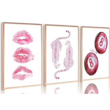 Imagem de 3 peças de arte moderna de parede em tela de leopardo rosa descolada retrô moda Cheetah Kiss Lips Lucky 8 Ball pintura estética imagens decoração de parede pôster impressões arte para meninas