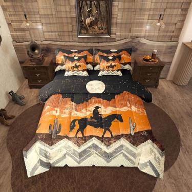 Imagem de Erosebridal Conjunto de cama caubói de 7 peças, solteiro, asteca, laranja, lua ocidental, cacto, geométrico, deserto, étnico, exótico, em uma bolsa, meninos, homens e crianças