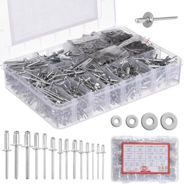 Imagem de 1/20.3 cm 3/81.3 cm 3/40.6 cm 5/81.3 cm 1/10.2 cm 14 tamanhos rebites e arruelas, 4 tamanhos planos inoxidáveis, 890 peças de aço kit de rebites sortidos, persianas com arruelas, metal para móveis de