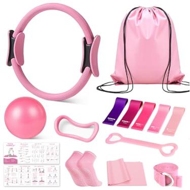 Imagem de Kit de pilates em casa para mulheres, conjunto de equipamentos essenciais de pilates com anel de Pilates e mini bola de 35,5 cm, 5 faixas de resistência e acessórios, tabelas tutoriais, conjunto de