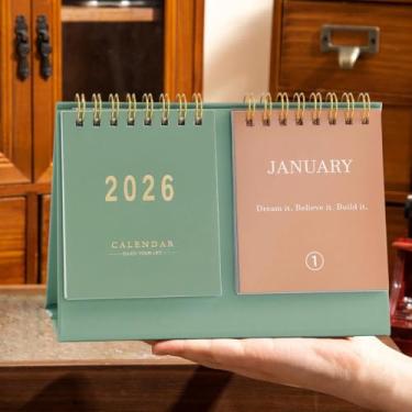 Imagem de Calendário de mesa pequeno 2026 - Mini calendário de mesa com citações inspiradoras de 12 meses, encadernação de fio duplo de papel grosso de 250 g/m2 para casa, escritório (verde, 16,7 x 12 x 6 cm)