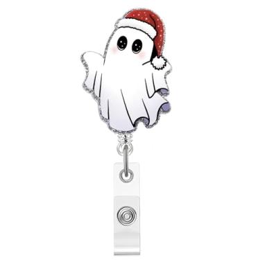Imagem de Carretel de crachá de Natal, crachá de acrílico de fantasma fofo para crachá de identificação, chapéu de Natal divertido, suporte retrátil para crachá, acessórios de clipe de jacaré para enfermeiras