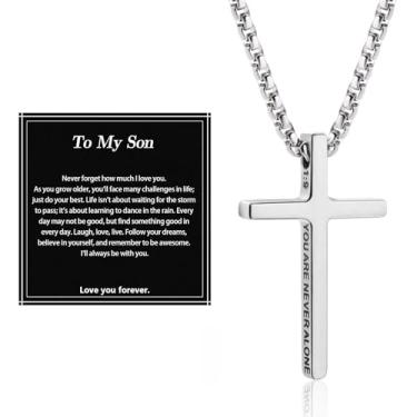 Imagem de Alissl Colar com cruz para homens e meninos, corrente com pingente de aço inoxidável 316L, versículo bíblico, religioso, cristão, presente inspirador para oração, primeira comunhão, confirmação de