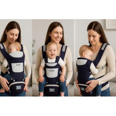 Imagem de Canguru ergonômico ajustável 3 em 1 para bebê com assento acolchoado respirável suporte lombar alças largas bolsos laterais uso recém-nascido até 36 meses