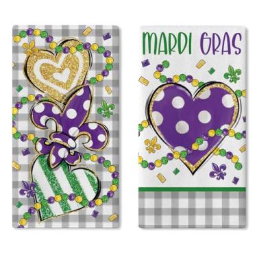 Imagem de Croar Conjunto de 2 toalhas de prato de cozinha com coração amor carnaval de Nova Orleans flor de lis glitter flor de lis toalha de mão pano de cozimento, xadrez baile de máscaras festa banheiro