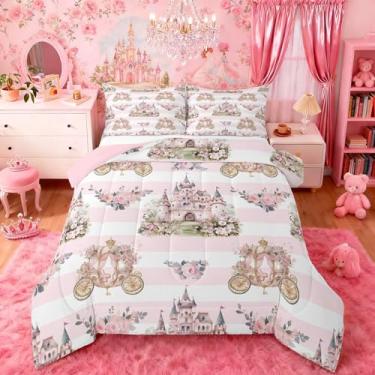 Imagem de jejeloiu Conjunto de cama castelo macio para meninos e meninas, princesas sonhadoras, tamanho solteiro, floral, edredom de microfibra, decoração de quarto, 2 peças com 1 fronha