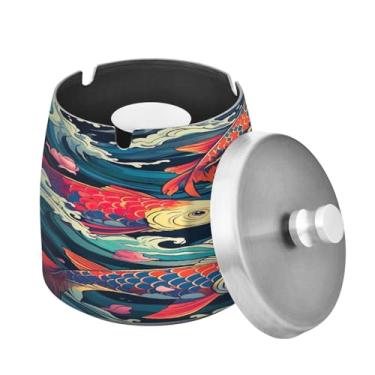 Imagem de Blueangle Cinzeiro colorido de ondas de peixe com tampa para cigarros, à prova de vento/à prova de chuva, aço inoxidável, sem fumaça, inodoro, cinzeiro para uso interno ou externo (160)