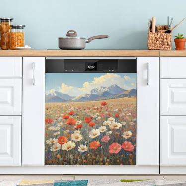Imagem de ATTX Capa de ímã de lava-louças de pintura a óleo vintage flores silvestres, 58,4 cm C x 66 cm A decoração da capa da máquina de lavar louça, decalques de armário doméstico eletrodomésticos adesivos