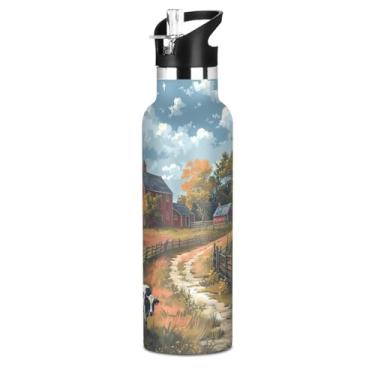 Imagem de Blueangle Garrafa de água de 590 ml com canudo - Garrafa de água esportiva de aço inoxidável sem BPA, cena de fazenda à prova de vazamento com design de vacas para academia, atividades ao ar livre