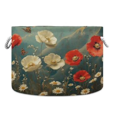 Imagem de Blueangle Cesto de armazenamento floral vermelho de 50,8 cm P x 35,5 cm A - cesto de roupa extra grande dobrável, organizador de brinquedos redondo e armazenamento doméstico à prova d'água para quarto