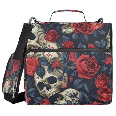 Imagem de SEHANY Fichário com zíper de caveira e flor com alça de ombro, capacidade para 500 folhas, vários bolsos, fichário com 3 anéis e zíper de 3 anéis