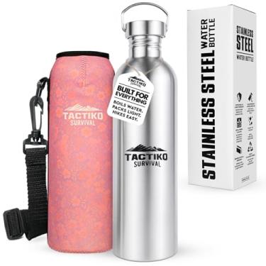 Imagem de Tactiko Survival Garrafa de água de boca larga de aço inoxidável, segura para ferver de parede única, à prova de vazamento, livre de BPA com manga de transporte e alça para acampamento, caminhada