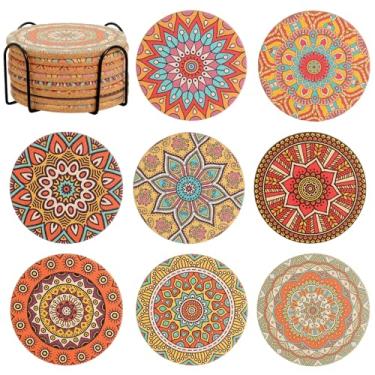 Imagem de Conjunto de 8 porta-copos de Natal, porta-copos de cortiça para bebidas, porta-copos fofos com suporte, porta-copos coloridos para decoração de Natal de apartamento, casa, bar, para amigos (Mandala 7)