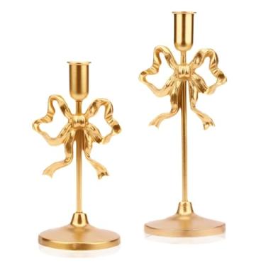 Imagem de Castiçais de gravata borboleta dourada, castiçais de latão vintage para velas de pilar, decoração de mesa de Halloween e Natal, peça central gótica para mesa de jantar, presentes de inauguração de