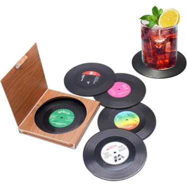 Imagem de Conjunto de 6 porta-copos de vinil retrô fofos - móveis de disco de decoração de discos engraçados - Ideias de música para equipamentos de bebidas criativas para bar, casa, restaurante, apartamento,